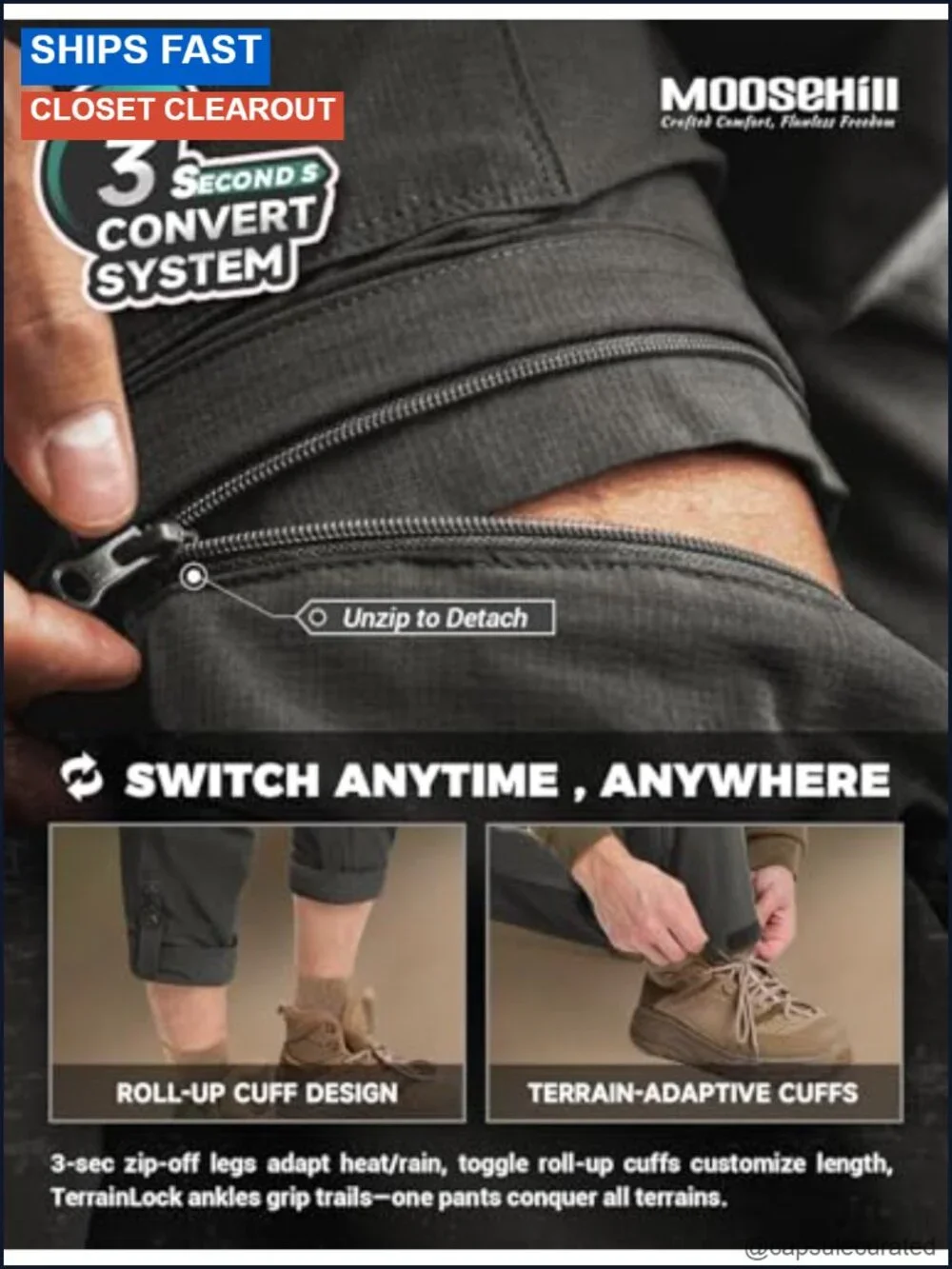 Convertible Hiking Pants Quick-Dry 4-Way Stretch Cargo Zip-Off